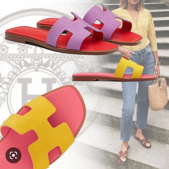 BNIB AUTHENTIC HERMES Suede Yellow & Pink Coral Orans SZ. 37.5 or 7.5 - Picture 3 of 13